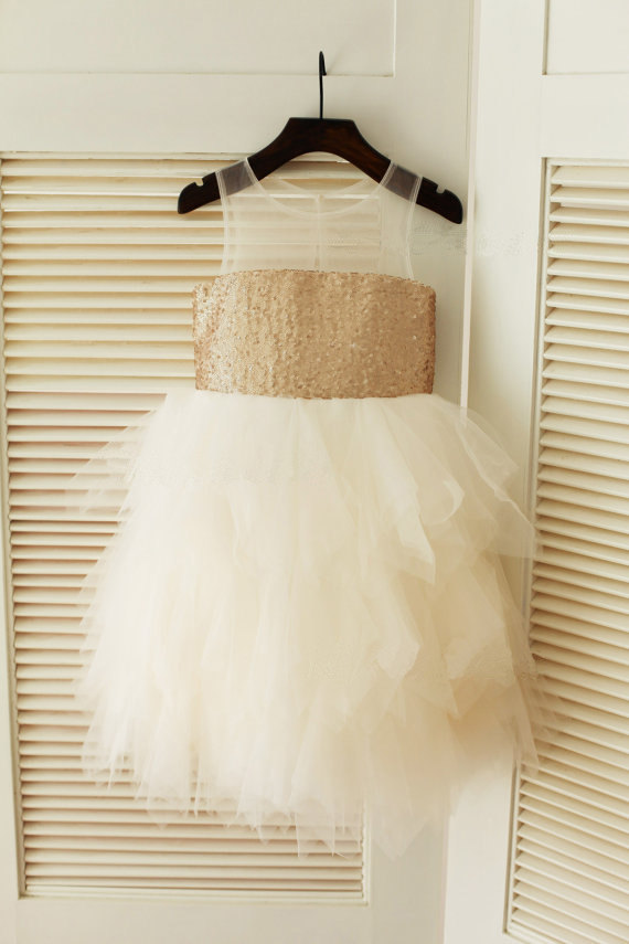 Mariage - gold and ivory sequin flower girl dress, flower girl, gold,