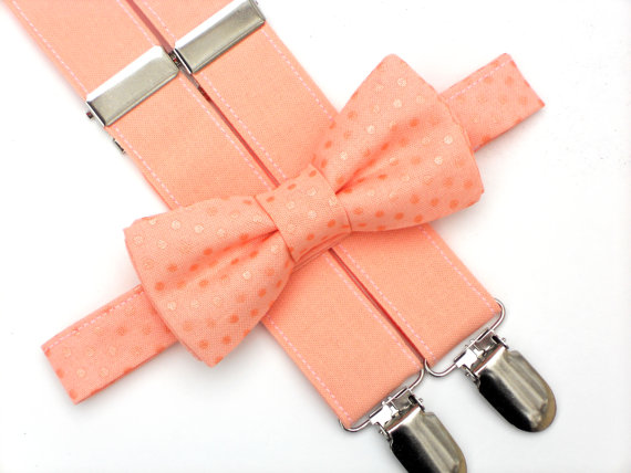 Mariage - Peach bow tie and suspender set, ring bearer outfit, boys wedding outfit, wedding suspenders, peach wedding, toddler bow tie and suspenders