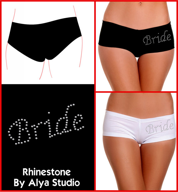 Mariage - Bride Lingerie Bachelorette Party, Bridal Shower, Wedding Gift Custom Panty Booty Short with Rhinestones