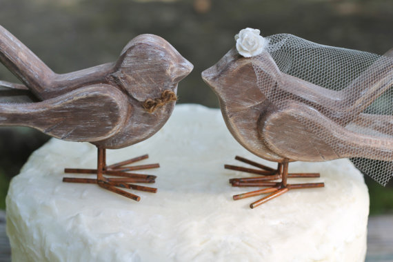 Mariage - Wedding Cake Topper Love Birds Bridal Shower Cake Topper, Veil With Roses, Jute Bow Tie, Rustic Shabby Chic Weddings