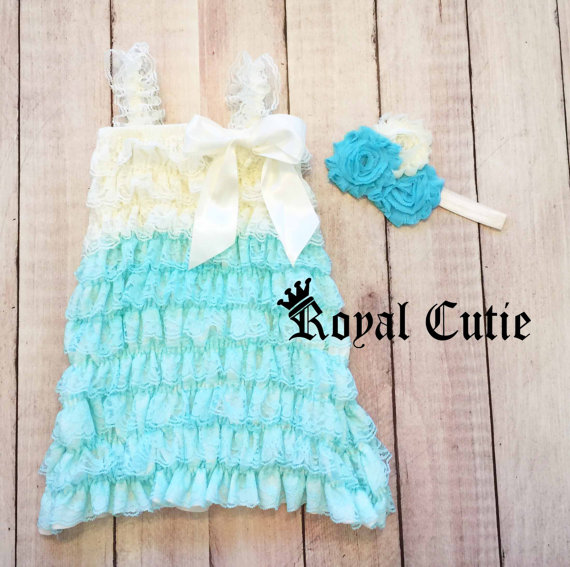 زفاف - CLEARANCE AQUA & IVORY Girls Lace Romper Dress - Headband Set Outfit - Baby Toddler – Wedding Flower Girl Birthday Photo Cake - ia1