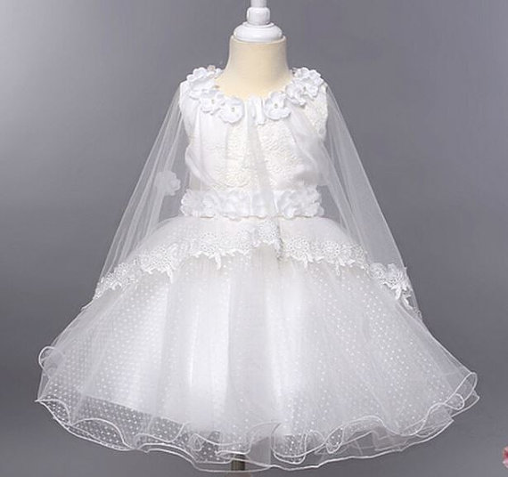 زفاف - Posh White Lace Cape Dress - flower girl dress, girls lace dress, wedding, pageants, birthdays, pictures, couture dress,