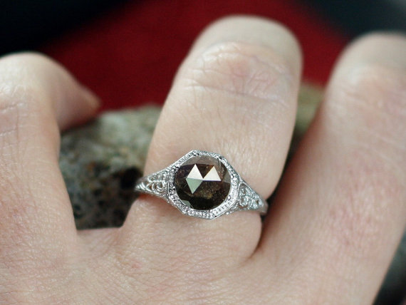 زفاف - Engagement Ring Fides Filigree Miligrain Rose Cut Brown Diamond Engagement Ring 2ct Custom size White-Yellow-Rose gold 10k-14k-18k-platinum