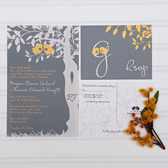 Mariage - Yellow and Gray Wedding Invitations, Love Birds in a Tree Custom Invites, Budget Bride