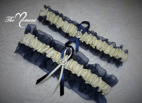 زفاف - Navy Blue and Ivory Garter Set, Blue and Green Garter, Ribbon Garter, Prom Garter, Bridal Garter, Wedding Garter, Navy Blue Garter