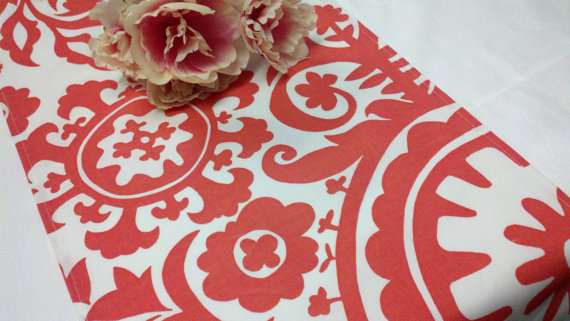 Hochzeit - CHOOSE YOUR LENGTH Coral damask print white and coral table runner Wedding Bridal Suzani home decor