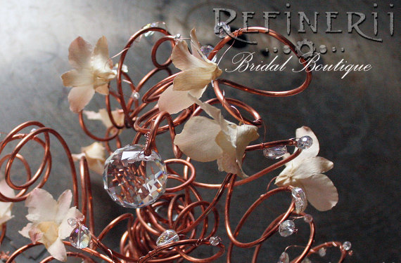Wedding - Wire Bridal Bouquet: Copper Tendrils with Flowers and Large Crystal Balls