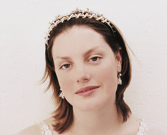Wedding - Bridal crystal and pearl tiara, Flower tiara, Pearl and crystal tiara headband, Sterling silver tiara with crystals and porcelain flowers