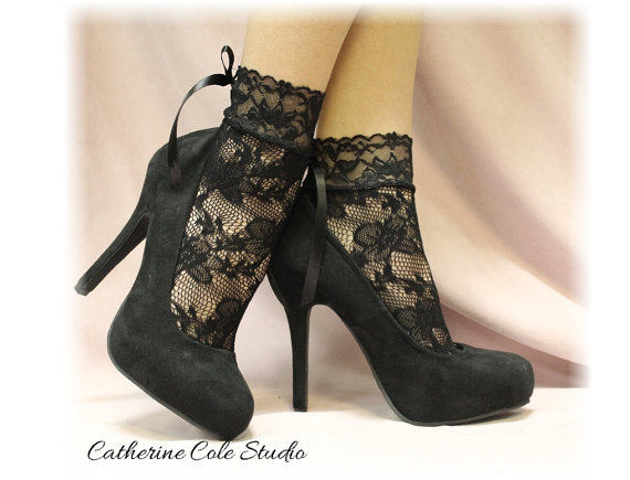 Hochzeit - Black Lace socks heels, COSMOPOLITAN lacey socks womens wedding socks, peep socks women Lace ankle socks Catherine Cole Studio FT5