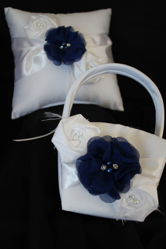 Wedding - Ivory or White Ring Bearer Pillow and Basket-Royal Blue Flower and White or Ivory Satin Flowers with Rhinestones and Pearls