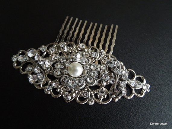 Wedding - Pearl Bridal Hair Comb,Wedding Hair Comb,Bridal Rhinestone Pearl Hair Comb,Silver Hair Comb,Vintage Style,Ivory or White Pearls,Pearl,CLAUDE