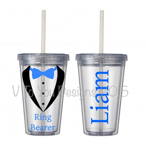 زفاف - Ring Bearer Gift - Tumbler Cup - 16 ounce tumbler - clear with straw - tuxedo with bow tie and name - customizable - ring bearer gift cup