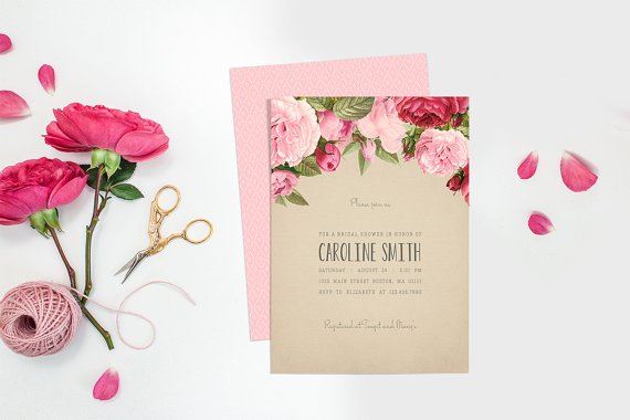 Mariage - Printable Bridal Shower Invitation - Kraft Paper Bridal Shower Invitation with Vintage Roses