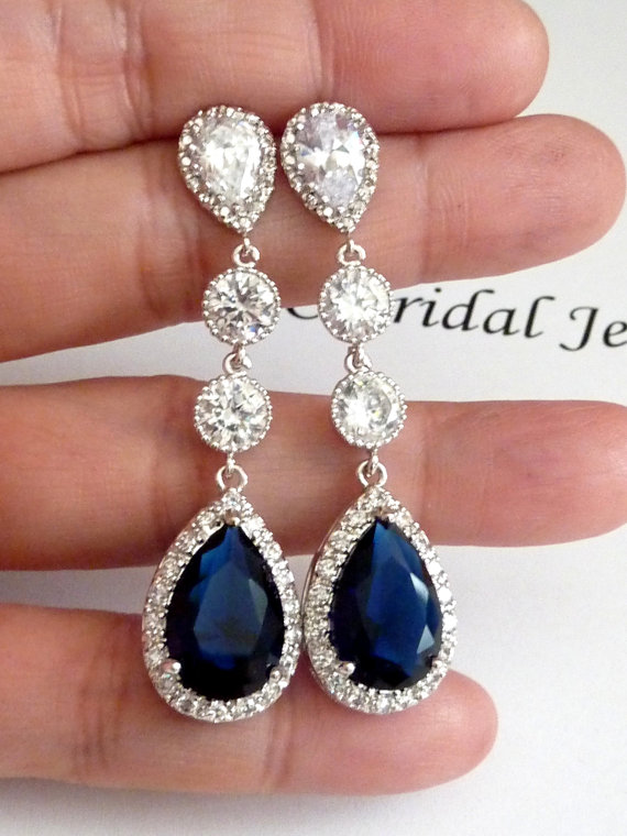 Hochzeit - Wedding Bridal Earring Long LARGE Halo Dark Sapphire Blue Peardrop Cubic Zirconia Multi Round CZ Drops White Gold Plated  CZ Post Earrings