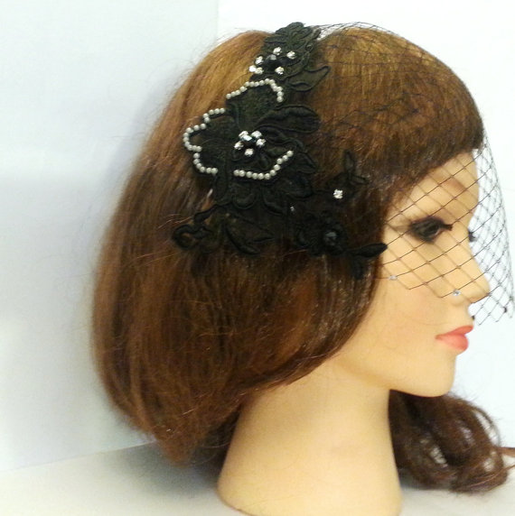 Mariage - Black Birdcage veil,Blusher veil with Motif, 9 inch French net Veil.Lace fascinator birdcage veil  side combs wedding Veil,Hair accessory