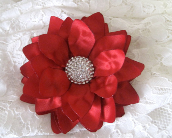 Свадьба - Christmas Holiday Red Satin Hair Clip or PIN on Brooch with Gorgeous Rhinestone Accent Wedding, Holiday, Christmas, Prom, Clutch Pin