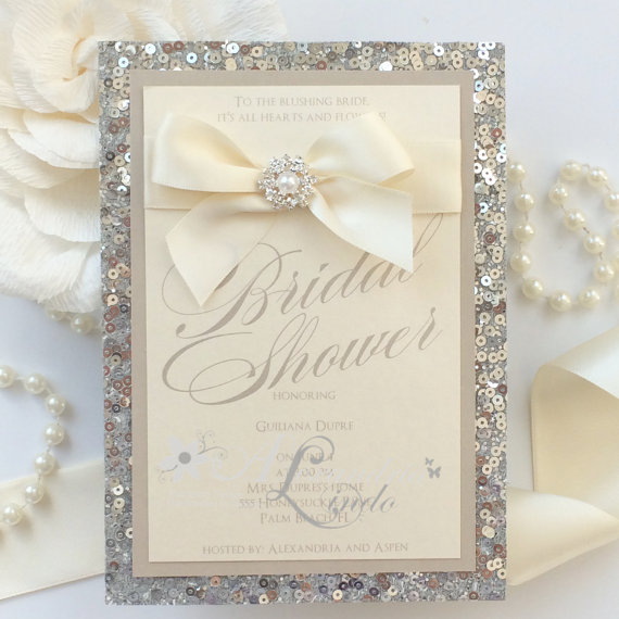 Свадьба - Silver sequins, NUDE, pearls and bling bridal shower invitation