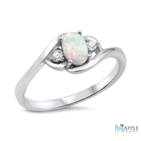 Mariage - Oval Cut Opal Ring Solid 925 Sterling Silver Lab Created White Australian Opal Round Russian Clear Diamond CZ Wedding Engagement Ring