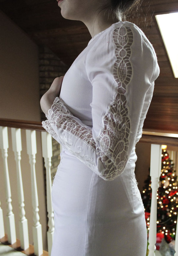 زفاف - Sample Sale 70% Off  White Cotton Long Sleeve Short Lace Fitted Wedding Dress