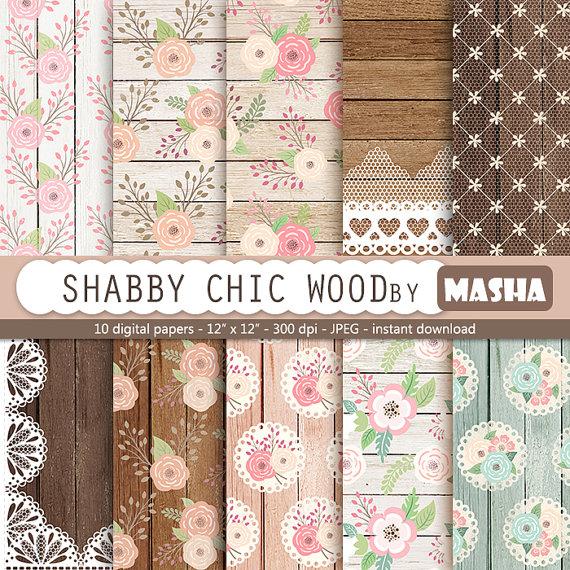 Wedding - Roses and wood digital papers: "SHABBY CHIC WOOD" with flowers and wood digital paper, lace and wood for scrapbooking, invitations, cards