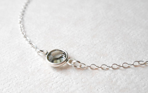 زفاف - Gray Crystal Necklace, Sterling Silver Necklace - Tiny Solitaire Round Link Connector - Delicate Minimal Everyday Layering Metal Jewelry
