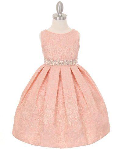 Wedding - Peachy Pink Flower Girl Dress Jaccard Pearl Waist