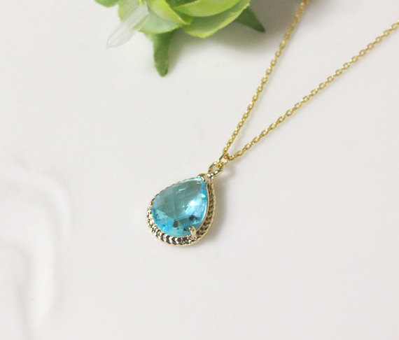 زفاف - Aquamarine necklace, Gorgeous Drop ,stone in twisted bezel, light blue, B0083-G