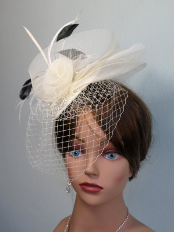 Hochzeit - Wedding Fascinator Ivory Bridal Cap Fascinator Wedding Head Piece Wedding Accessory Feathers Bridal Accessory