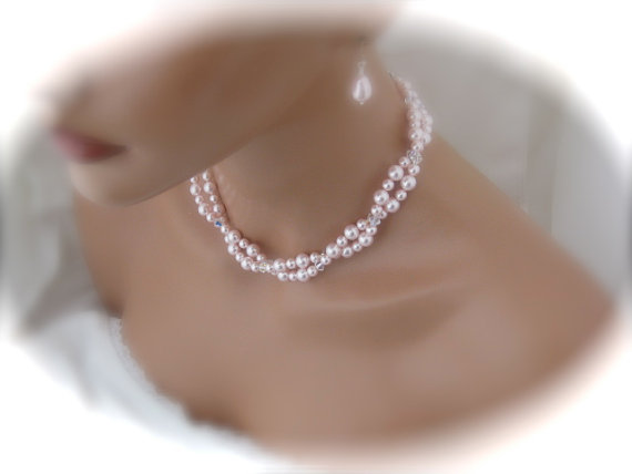 Wedding - Pink Pearl Necklace Wedding Jewelry Set Bridesmaid Necklace and Earrings