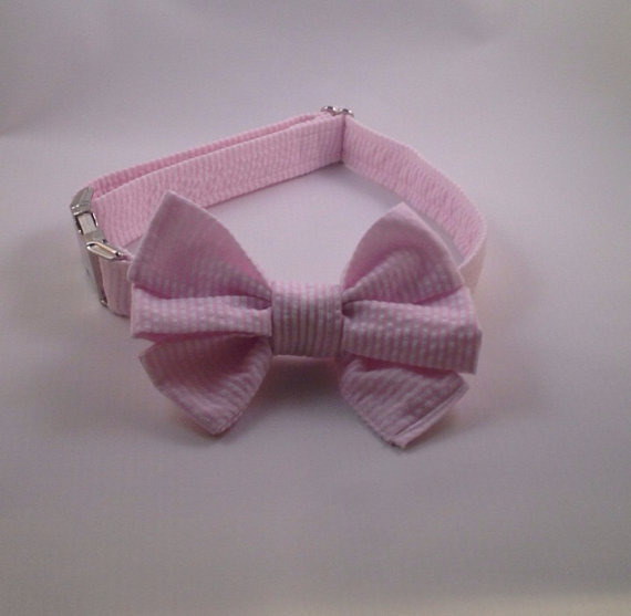 Hochzeit - Preppy Pink Seersucker Girl Bow Tie Dog Collar, Seersucker Girl Bowtie Dog Collar, Custom Dog Collar, Preppy Dog Collar, Pink Dog Collar,
