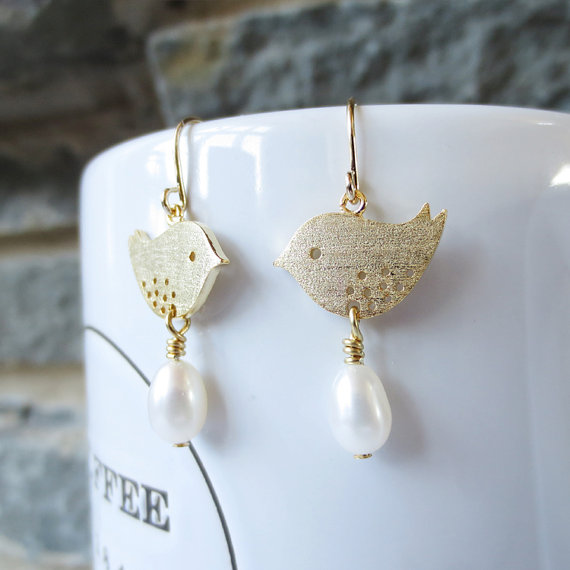 Mariage - Gold Love Birds, Dangle Earrings, Drop Earrings, Wedding Jewelry, Bridesmaid, Birthday Gift, Gold Sparrow, White Pearl