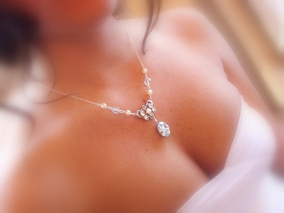 Wedding - Bridal necklace, Blue rhinestone necklace, wedding jewelry, bridesmaid jewelry, Swarovski crystal, Swarovski pearl