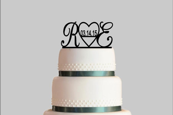 زفاف - Heart and Initials Cake Topper, Personalized Wedding Cake Topper, Acrylic Cake Topper