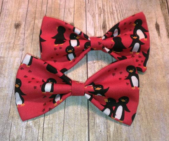 زفاف - Red Penguins Bow Tie, Hair Clip, Headband or Pet Bow Tie