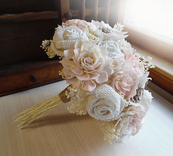زفاف - Rustic Pink & Blush Bouquet, Rustic Burlap Country Style Weddings. Made to Order.