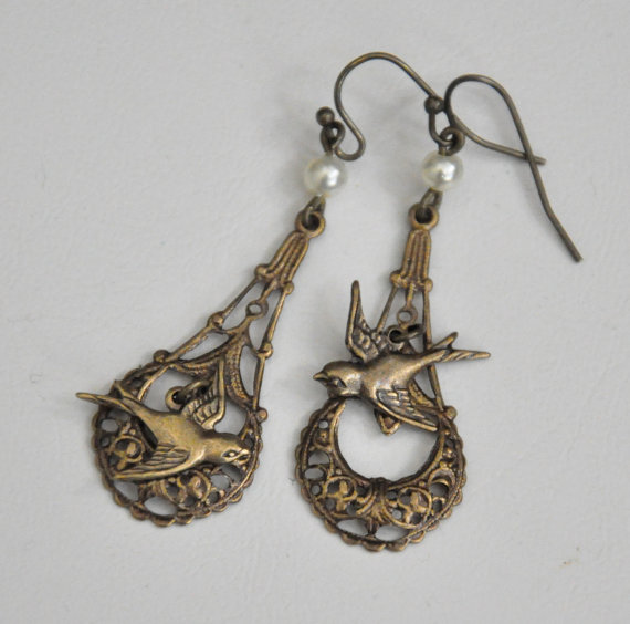 Hochzeit - Antique Brass Filigree Bird Earrings, Ivory Pearl Long Dangle Earrings, Asymmetric Earrings, Victorian Inspired Bird Jewelry
