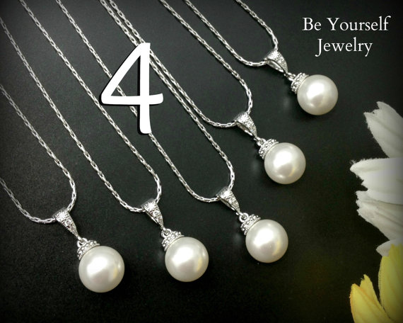 Wedding - Set of 4 Bridesmaid Pearl Necklaces Swarovski Round Pearl Necklace Bridesmaid Gift Rhodium Plated Chain Pearl Wedding Jewelry 10% Discount