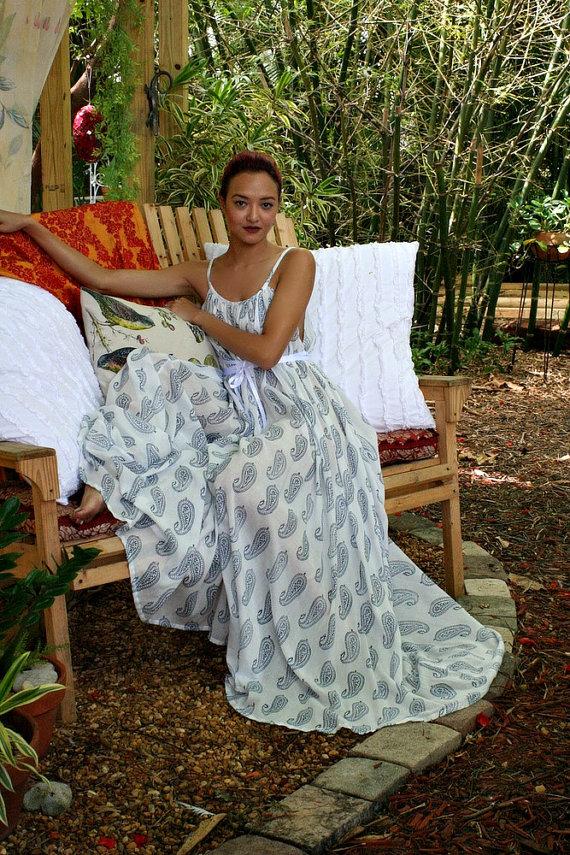 Wedding - 100% Cotton Grecian Nightgown Limited Edition Block Print Sleepwear Lingerie Bridal Nightgown Honeymoon Summer Dress Wedding Shower Gown