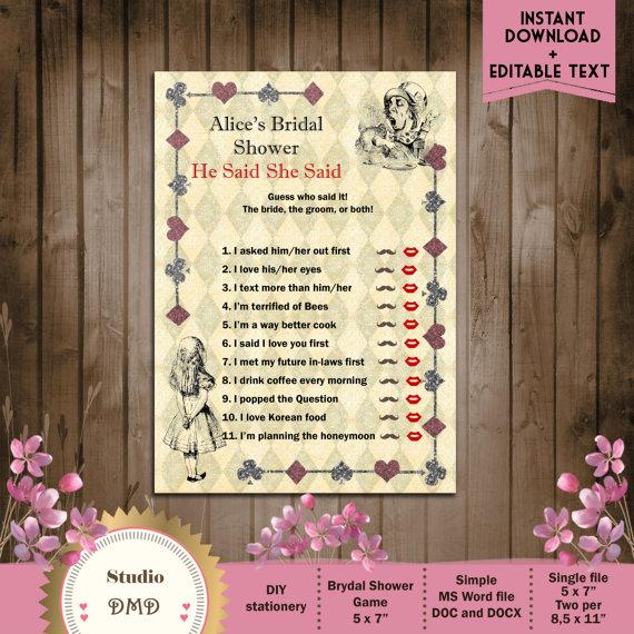 Mariage - He Said She Said, Printable Bridal Shower Game - Alice in Wonderland Mad Hatter Tea Party - DOWNLOAD Instantly - EDITABLE TEXT in Word
