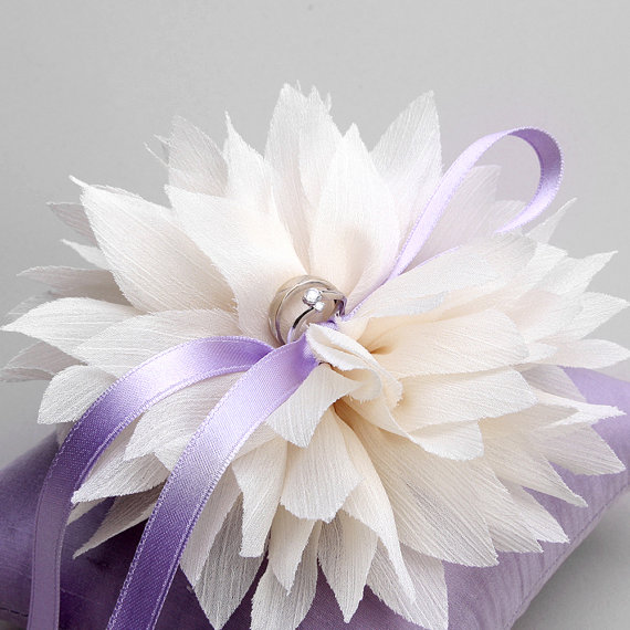 زفاف - Wedding Ring Pillow- Ivory Flower on Lavender Silk Bridal Ring Pillow