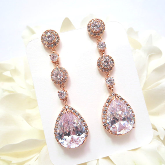 Wedding - Rose Gold Bridal earrings, Wedding Earrings, Rose Gold jewelry, Long Bridal earrings, Teardrop Crystal earrings