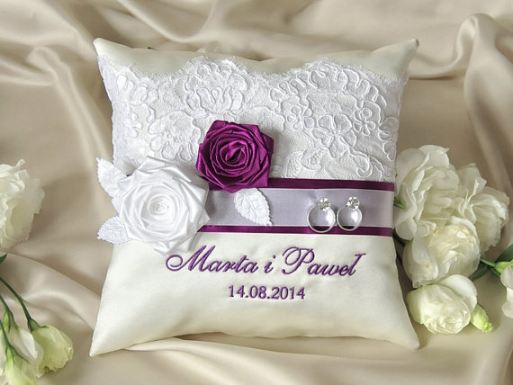 Hochzeit - Lace Wedding Pillow  Ring Bearer Pillow Embroidery Names, Custom Colors