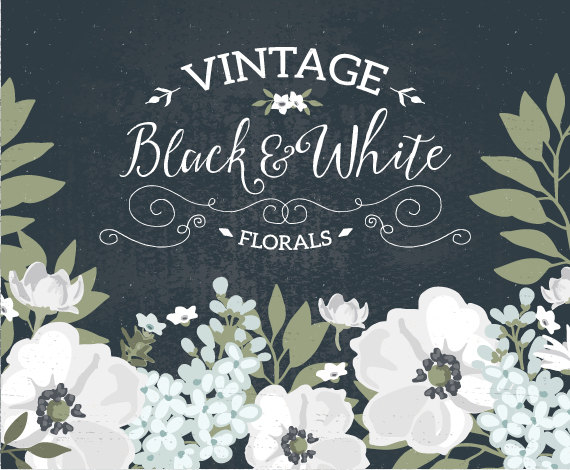 Wedding - Vintage Black and White floral wedding invitation clip art collection: hand drawn wreaths, flowers, patterns / Vector, PNG, JPG / CM0049