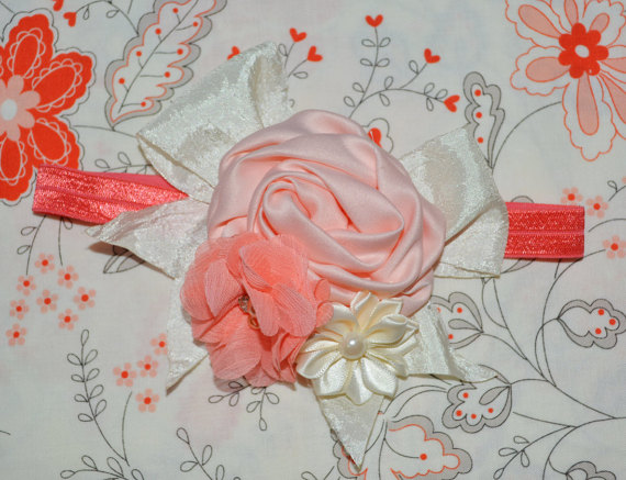 Wedding - Flower girl headband/Country headband/elegant headband/boutique headband/Coral/Peach/Ivory/photo prop