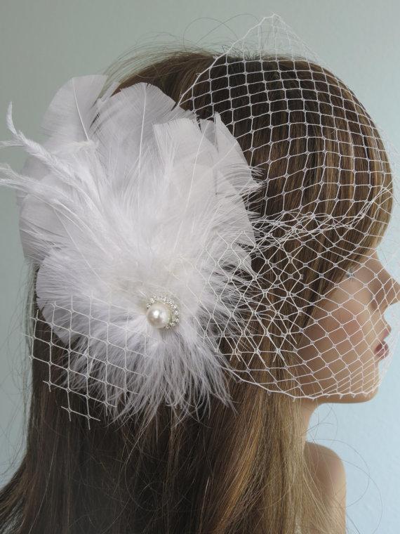 Wedding - Wedding Headpiece with Bridal Birdcage Veil - Fascinator- Wedding Hair Clip - Wedding Accessory-Feathers-Crystals-Vail-Pearl