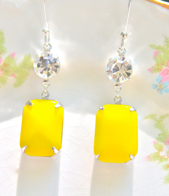 زفاف - Yellow Rectangle Silver Setting Swarovski Rhinestone Drop Dangle Earrings - Wedding Earrings, Bridesmaid Earrings, Beach
