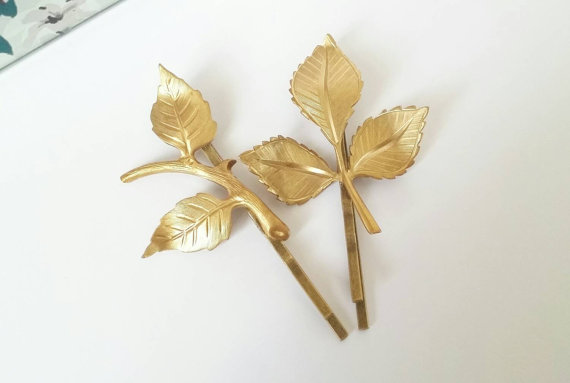 Mariage - Woodland bobby pins, leaf hair pins, gold bobby pins, gold hair accessory, leaf hair clip, gold leaf hair pins, woodland wedding