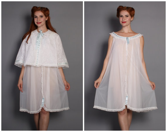 زفاف - 60s Nightgown & Bed Jacket SET / NOS With Tags, White Chiffon, m