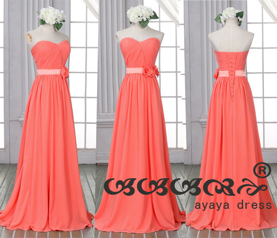 Hochzeit - Coral long Bridesmaid Dress,Coral Bridesmaid dress,Prom Dress,Chiffon Bridesmaid Dress,Custom Color Size Elegant Formal Strapless Sweetheart