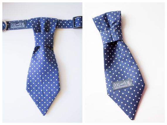 Wedding - Navy Polka Dot Dog Tie With Collar Optional Leash by Dog and Bow